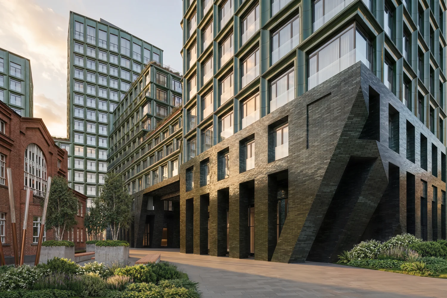 Входная группа ЖК 26 Парквью (26 Parkview) со стороны двора — тёмная керамика и озеленение