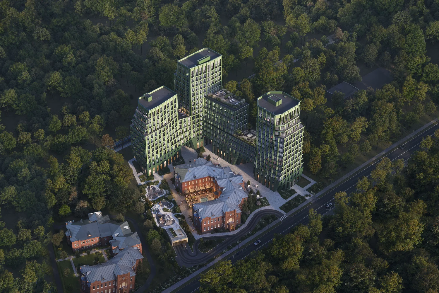 ЖК 26 Парквью (26 Parkview) с высоты — корпуса в кольце зелени между парком Дубки и Тимирязевским лесом