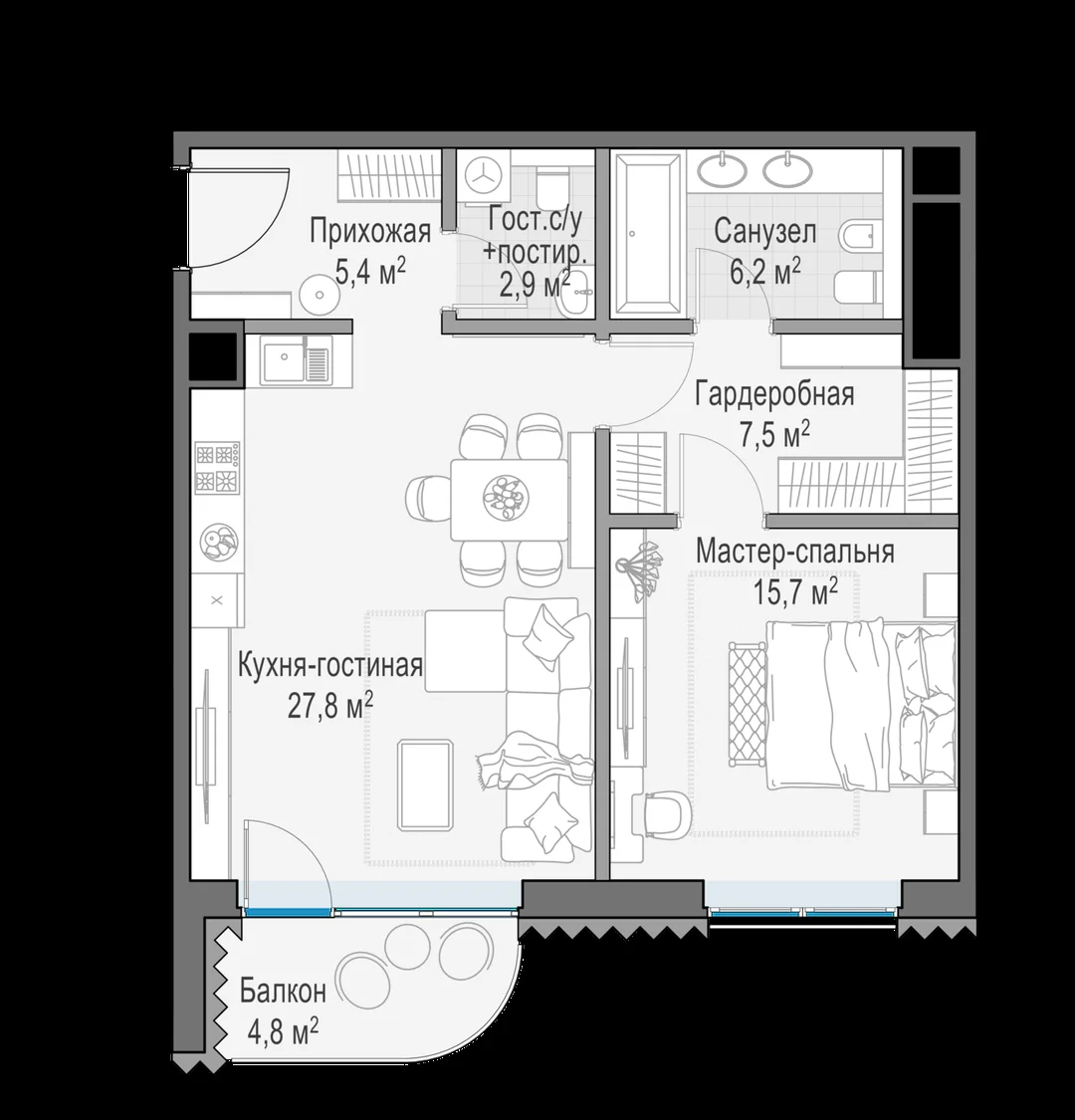 Планировка квартиры с одной спальней 66,8 м² в доме «Лаврушинский»