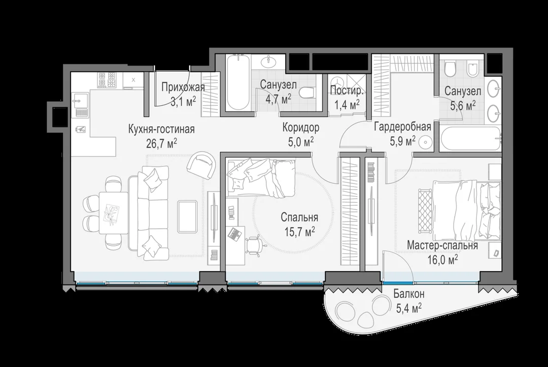 Планировка квартиры с двумя спальнями 85,9 м² в доме «Лаврушинский»