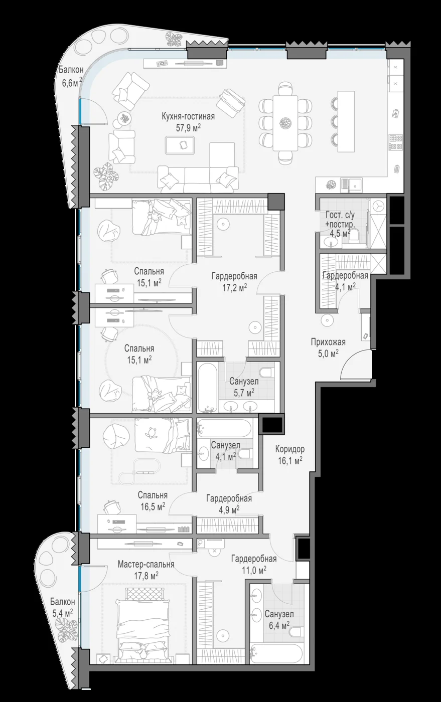 Планировка квартиры с четырьмя спальнями 205,1 м² в доме «Лаврушинский»