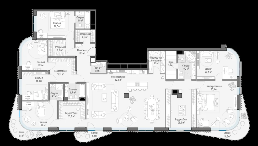 Планировка квартиры с пятью спальнями 328 м² в доме «Лаврушинский»