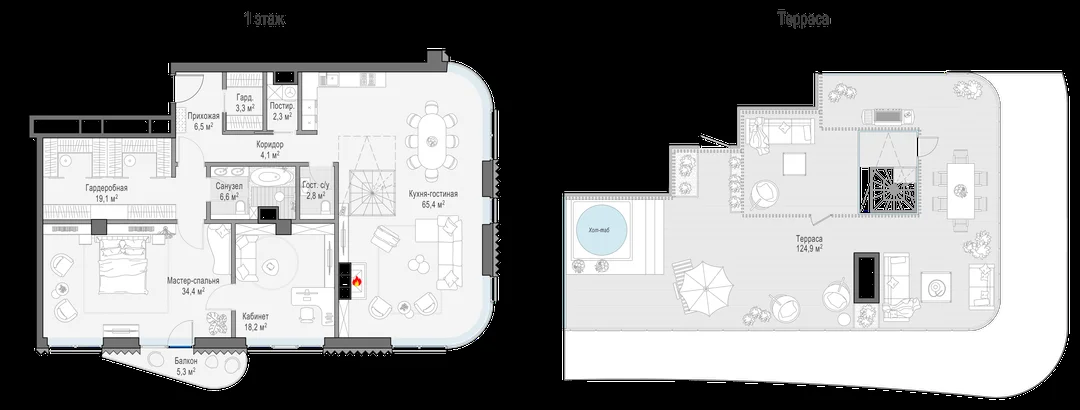 Планировка пентхауса 163,8 м² в доме «Лаврушинский»