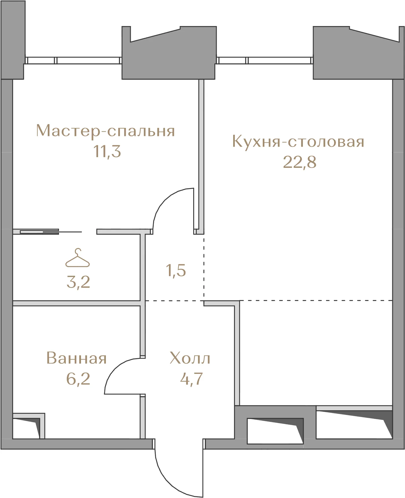 Планировка квартиры с одной спальней 49,8 м² в ЖК Лужники Коллекшн