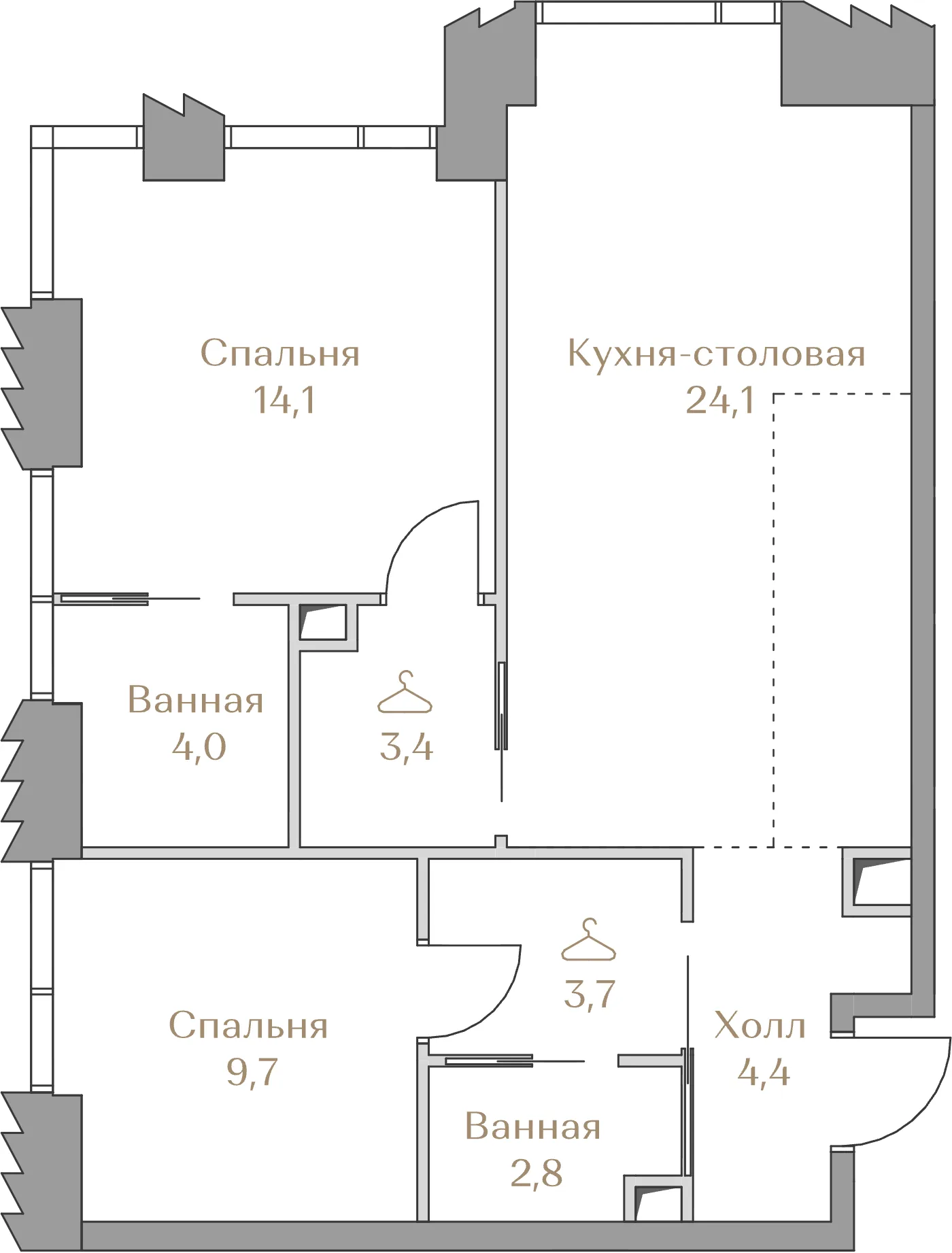 Планировка квартиры с двумя спальнями 66,2 м² в ЖК Лужники Коллекшн