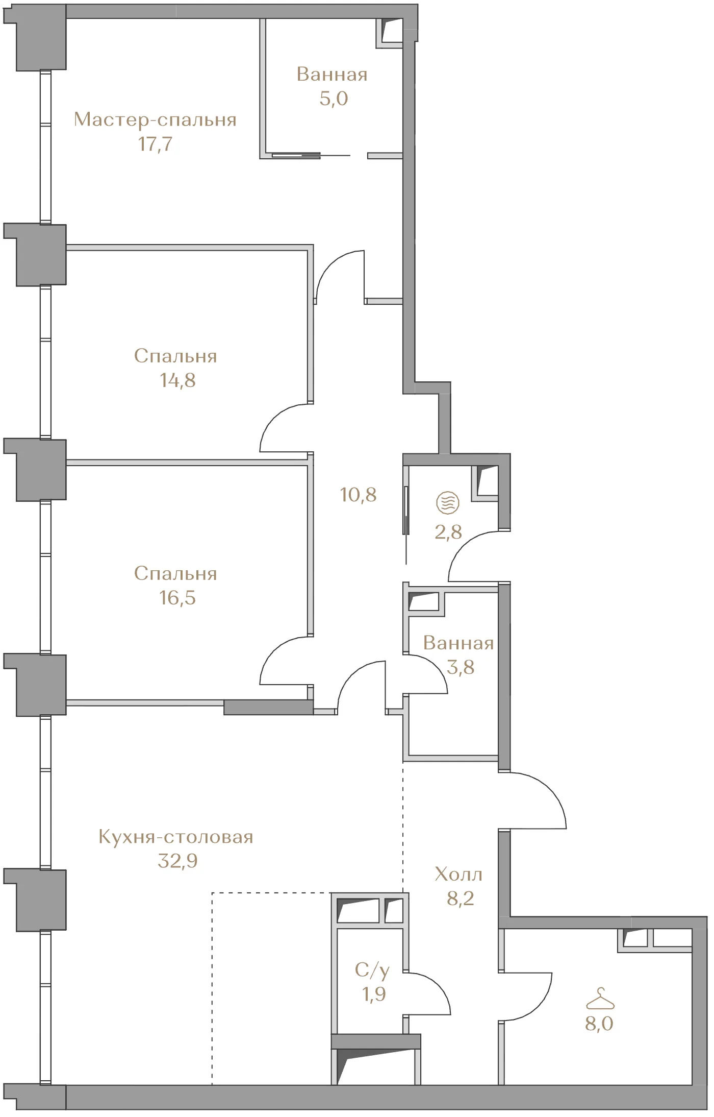 Планировка квартиры с тремя спальнями 122,4 м² в ЖК Лужники Коллекшн