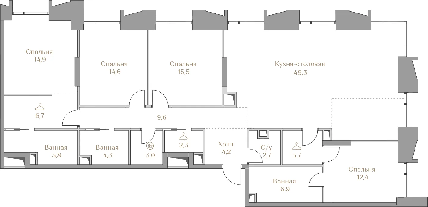 Планировка квартиры с четырьмя спальнями 155,9 м² в ЖК Лужники Коллекшн