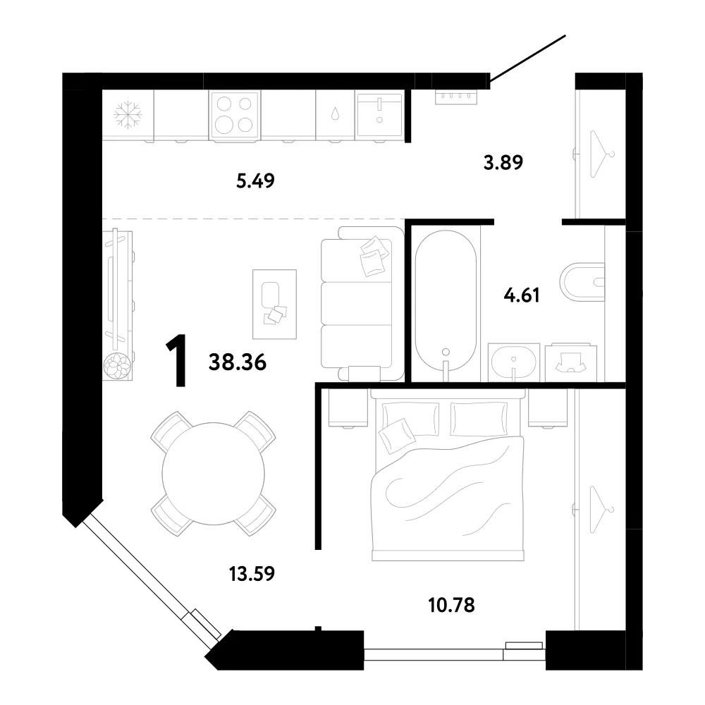 Планировка однокомнатной квартиры 38,36 м² в ЖК Ридж (Ridge)