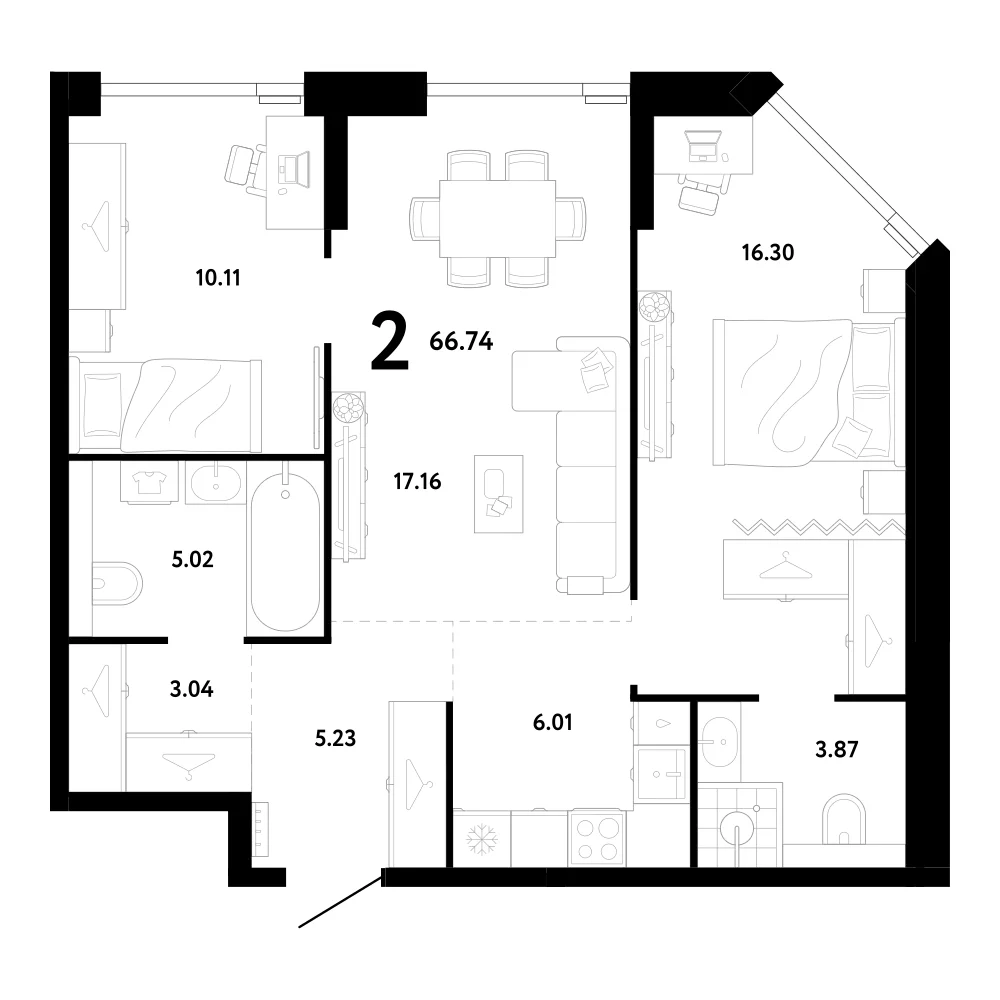 Планировка двухкомнатной квартиры 66,74 м² в ЖК Ридж (Ridge)