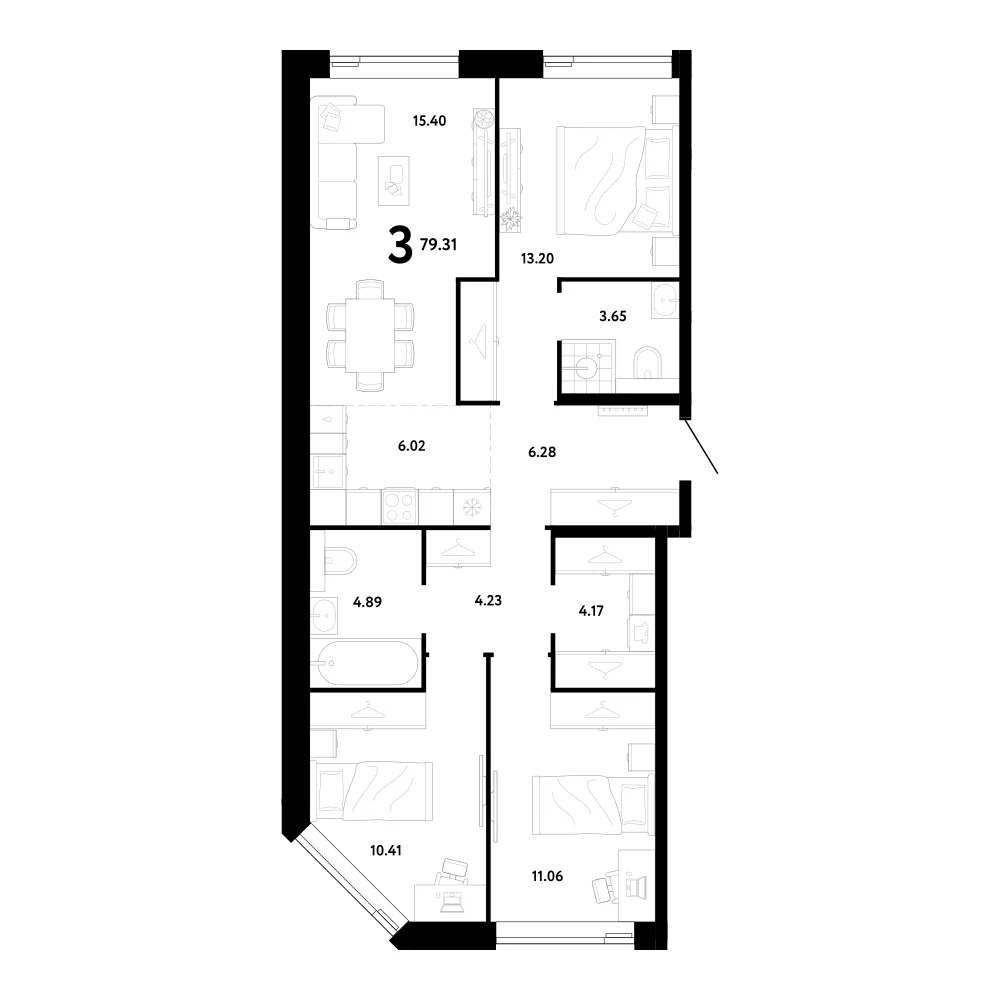 Планировка трёхкомнатной квартиры 79,31 м² в ЖК Ридж (Ridge)