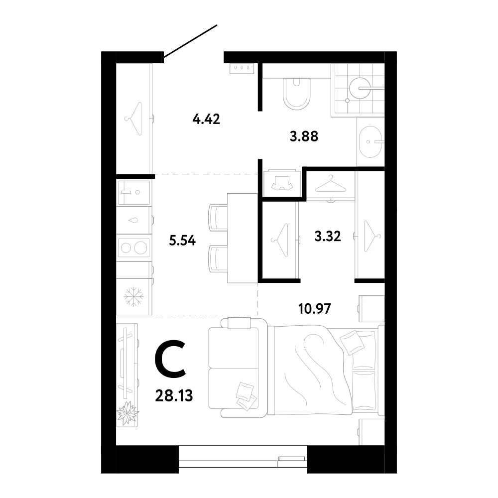 Планировка студии 28,13 м² в ЖК Ридж (Ridge)