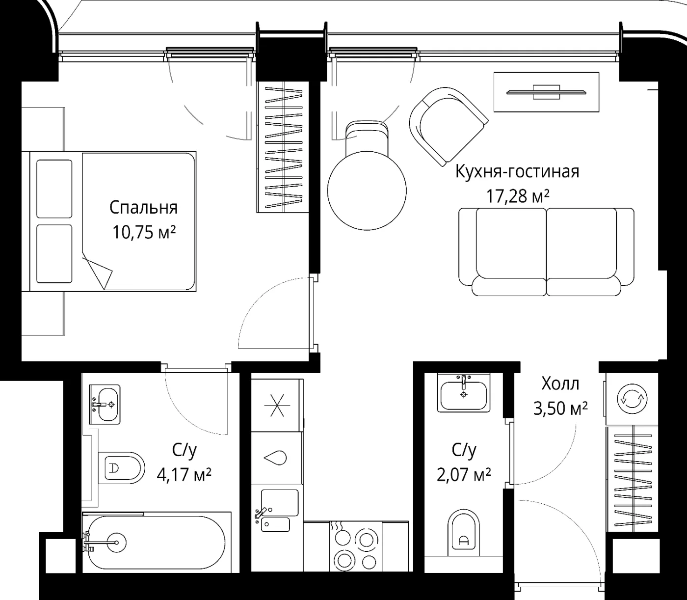 Планировка однокомнатной квартиры 37,77 м² в ЖК Сити Бэй, корпус Атлантик 3