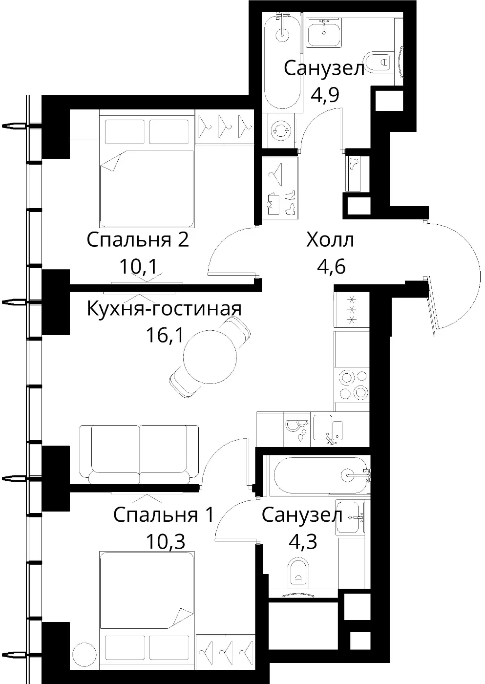 Планировка двухкомнатной квартиры 50,3 м² в ЖК Сити Бэй с двумя спальнями