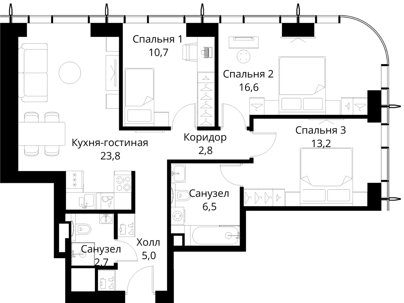 Планировка трёхкомнатной квартиры 81,3 м² в ЖК Сити Бэй с кухней-гостиной 23,8 м²