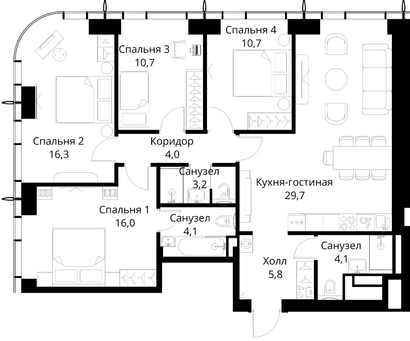 Планировка четырёхкомнатной квартиры 104,6 м² в ЖК Сити Бэй с четырьмя спальнями