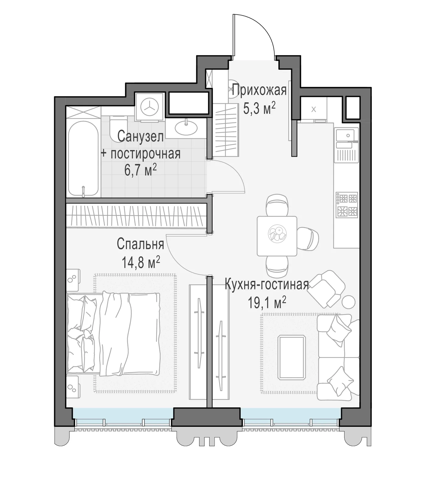 Планировка квартиры с одной спальней 45,6 м² в ЖК Тишинский бульвар