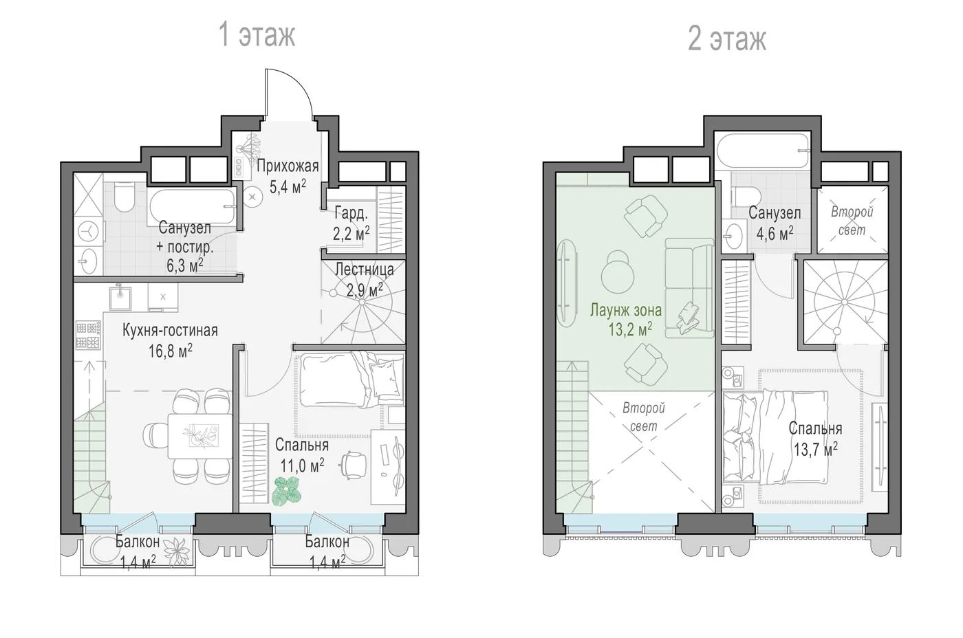 Планировка двухуровневой квартиры с двумя спальнями 64,5 м² в ЖК Тишинский бульвар