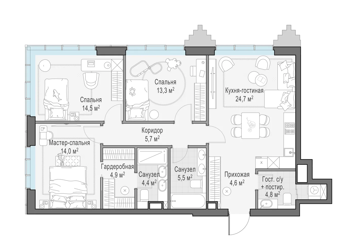 Планировка квартиры с тремя спальнями 96,2 м² в ЖК Тишинский бульвар