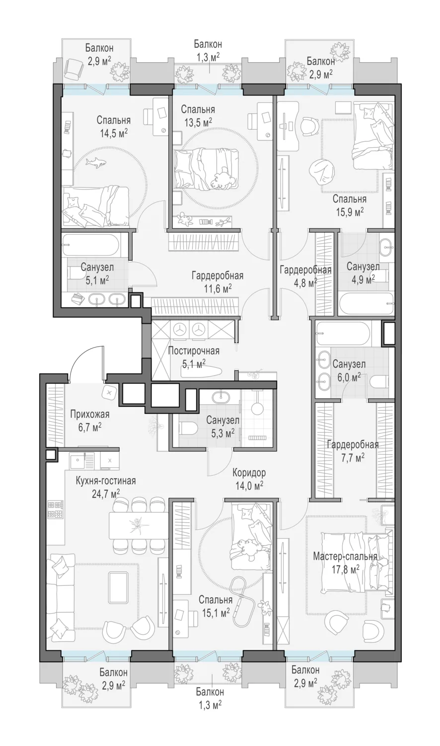 Планировка квартиры с пятью спальнями 179,5 м² в ЖК Тишинский бульвар