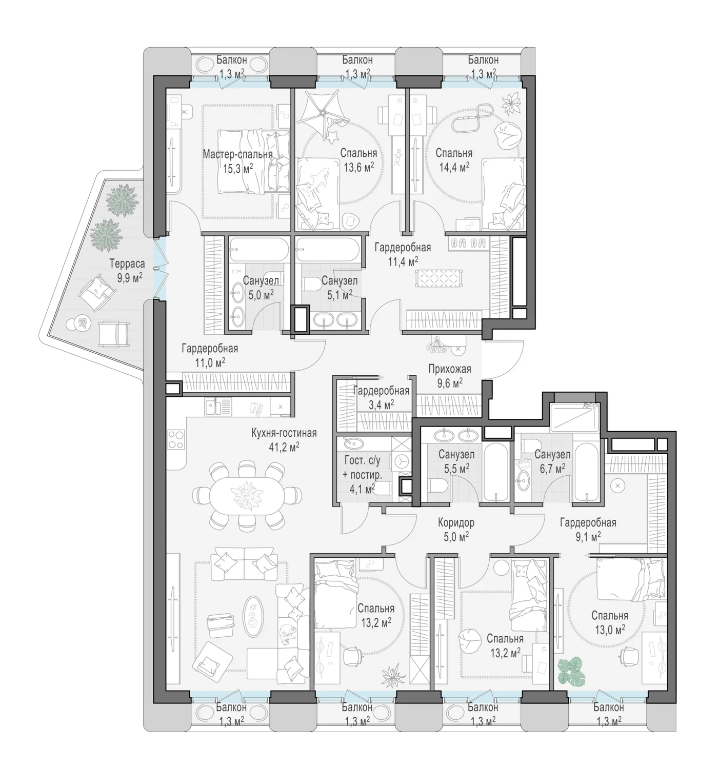 Планировка квартиры с шестью спальнями 205,4 м² в ЖК Тишинский бульвар