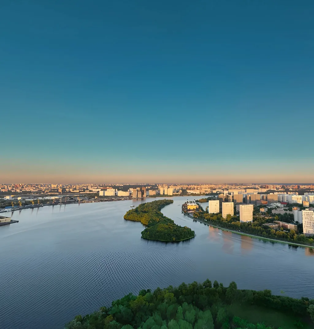 Излучина Москвы-реки и зелёный полуостров района Нагатинский Затон с высоты