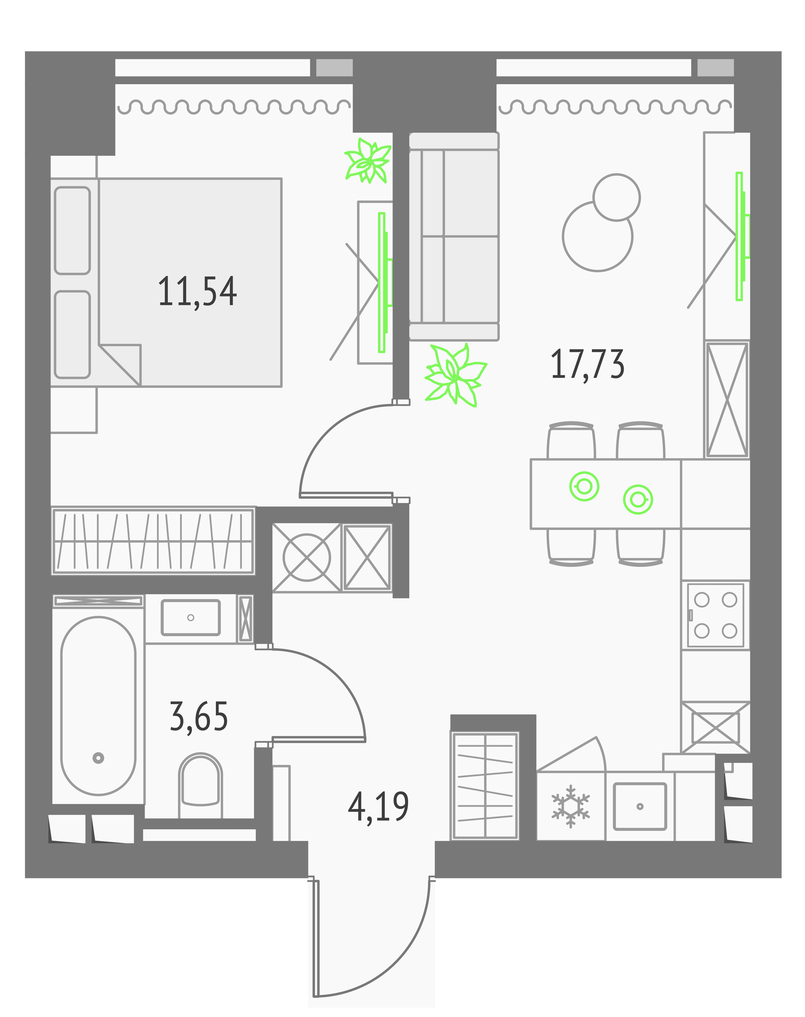 Планировка однокомнатной квартиры 38,03 м² в ЖК Апсайд Тауэрс · Upside Towers, башня Эверест