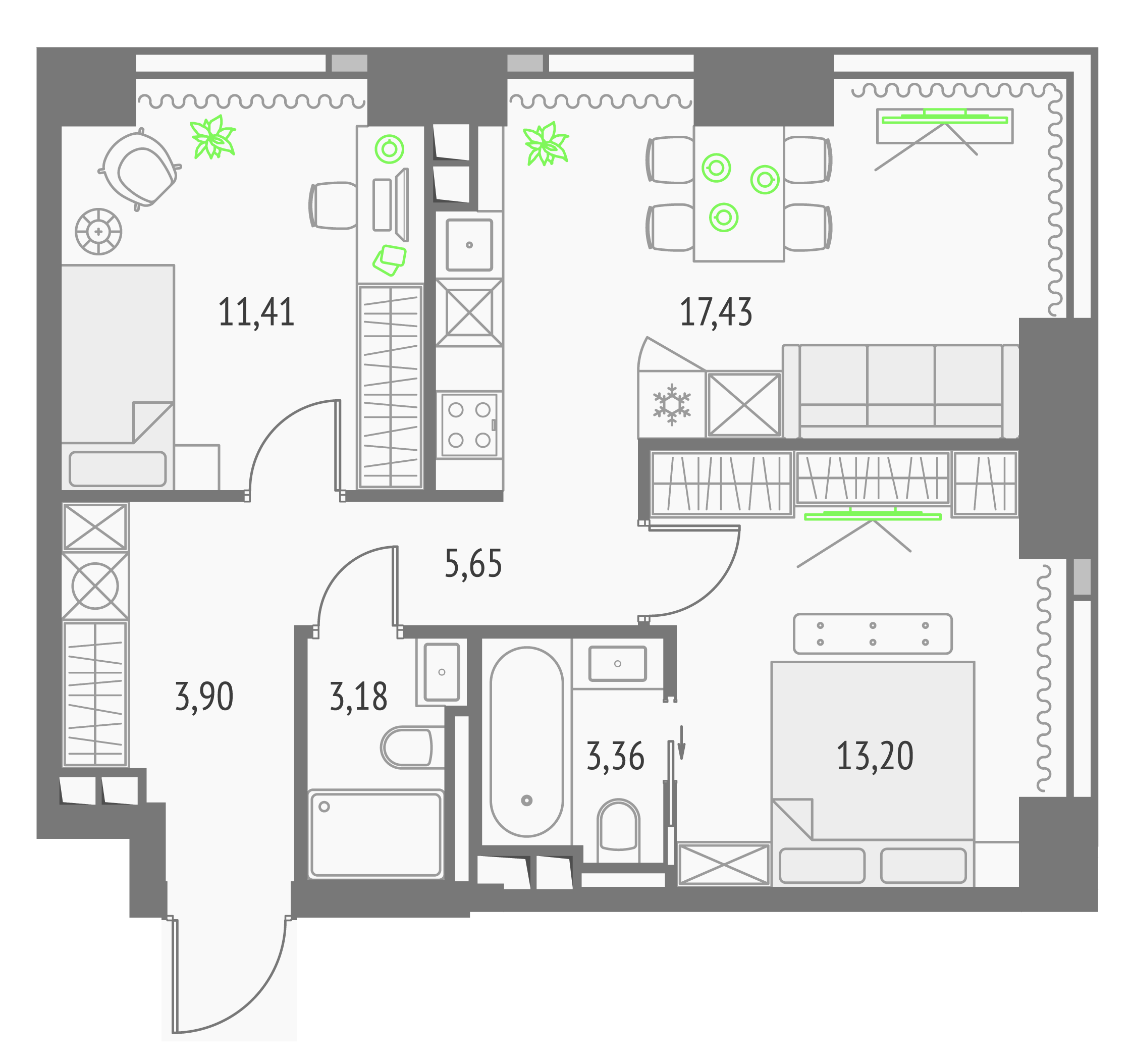 Планировка двухкомнатной квартиры 58,13 м² в ЖК Апсайд Тауэрс · Upside Towers, башня Монте Бьянко