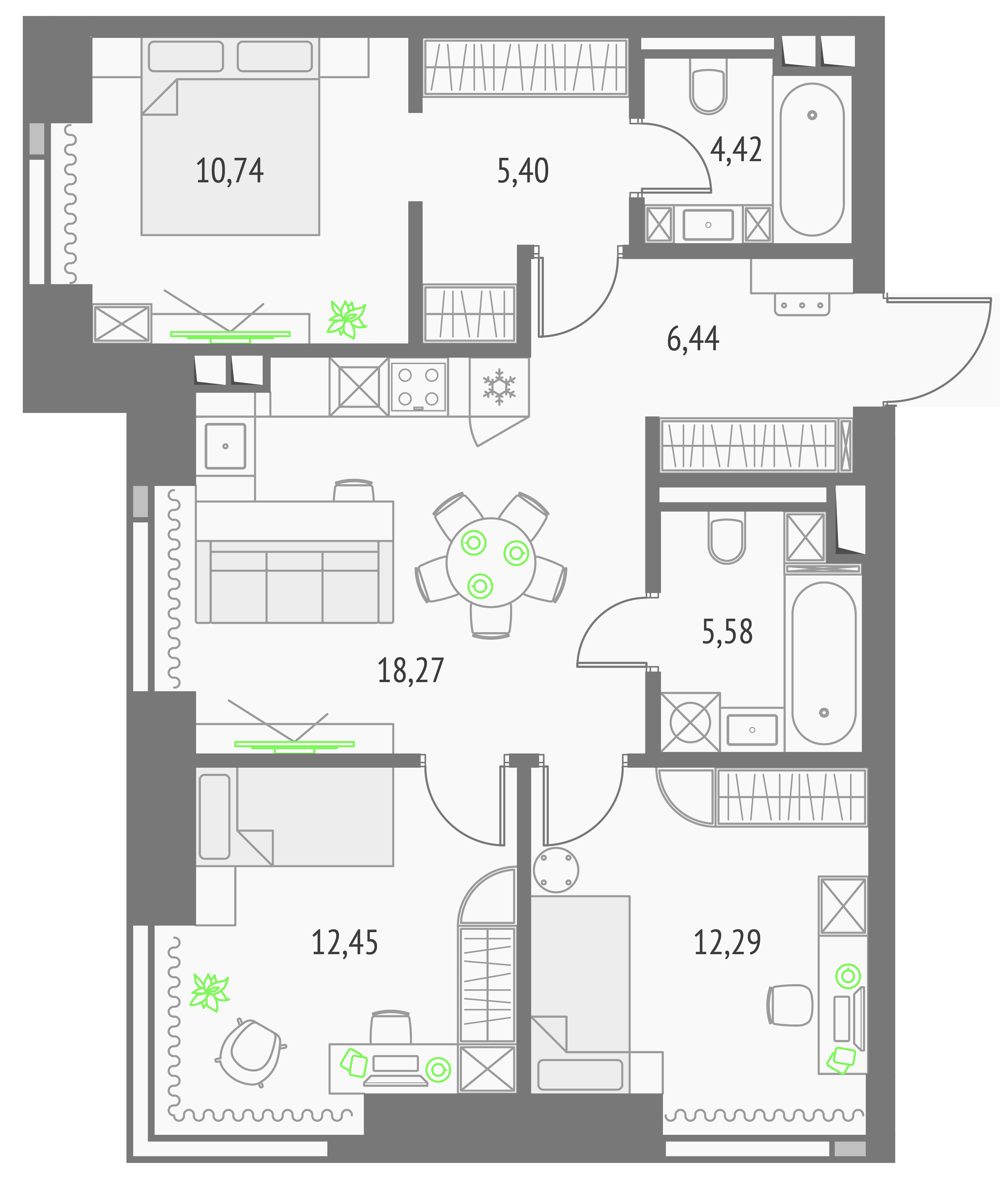 Планировка трёхкомнатной квартиры 76,2 м² в ЖК Апсайд Тауэрс · Upside Towers, башня Эверест