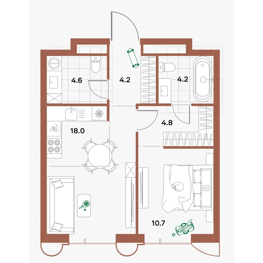 Планировка 1-комнатной квартиры 46,4 м² в корпусе 1 с кухней-гостиной и окнами на Москва-Сити
