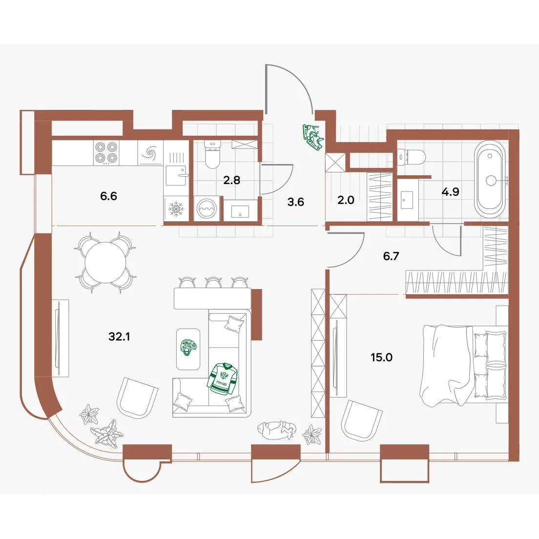 Планировка 2-комнатной квартиры 73,7 м² с угловым остеклением и видом на Московский зоопарк