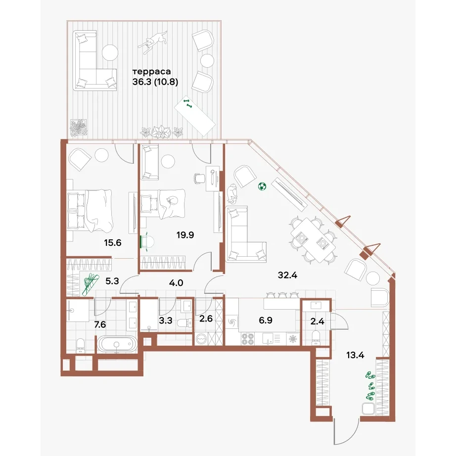 Планировка 3-комнатной квартиры 124,2 м² с террасой, патио и двумя спальнями