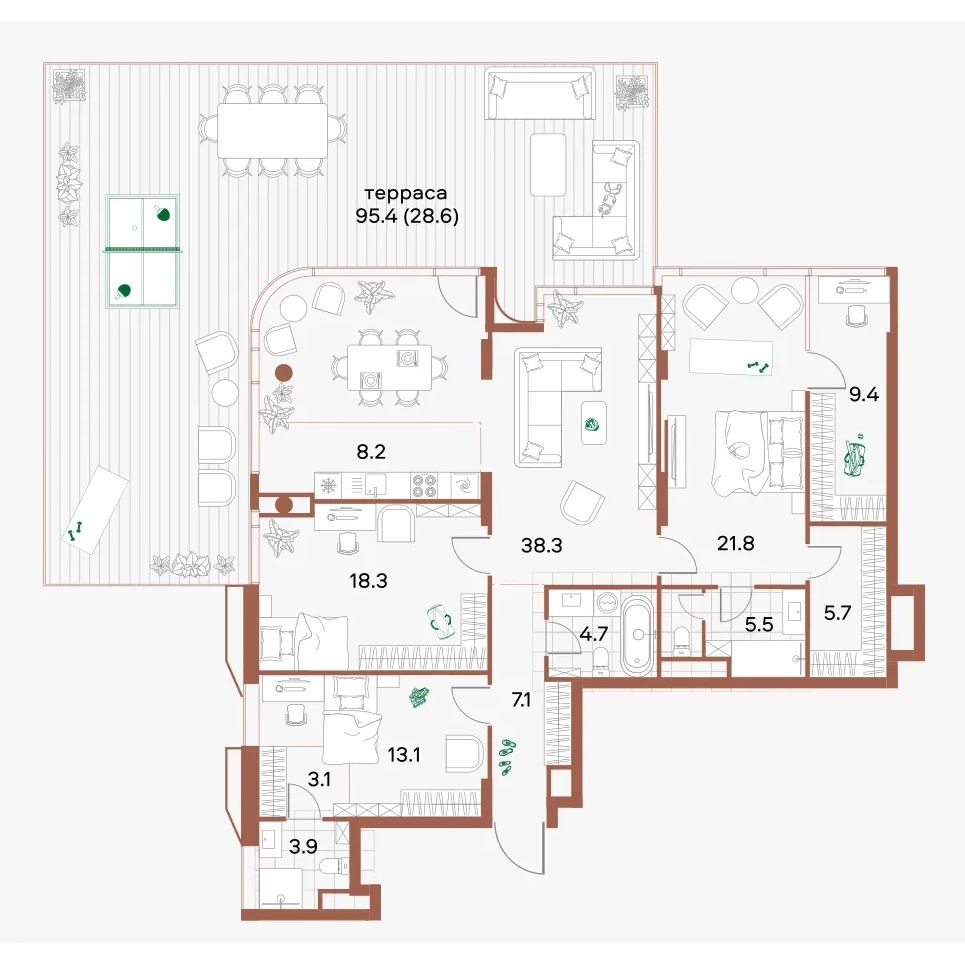Планировка 4-комнатной квартиры 167,7 м² с террасой 95,4 м² и 4 санузлами