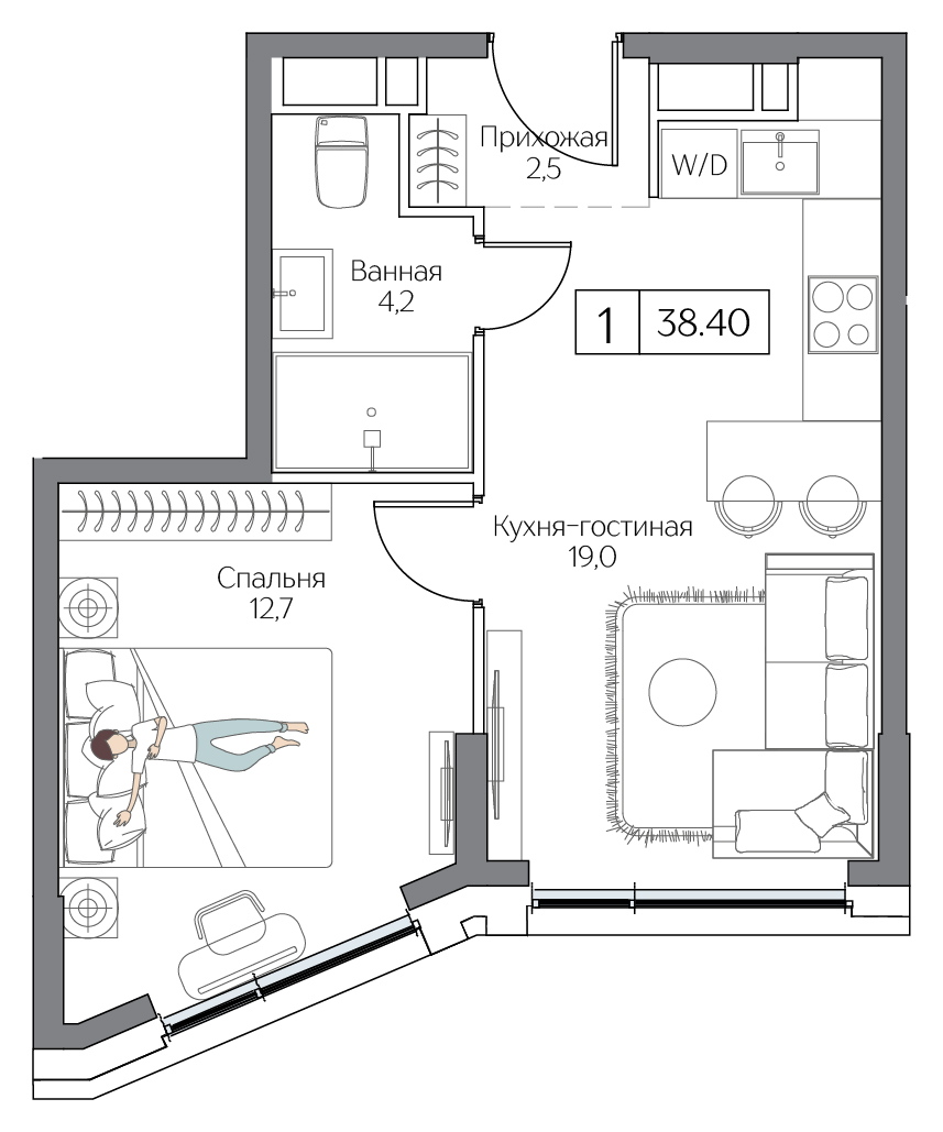 Планировка однокомнатной квартиры 38,4 м² в ЖК Дрим Рива · Dream Riva, корпус Аква