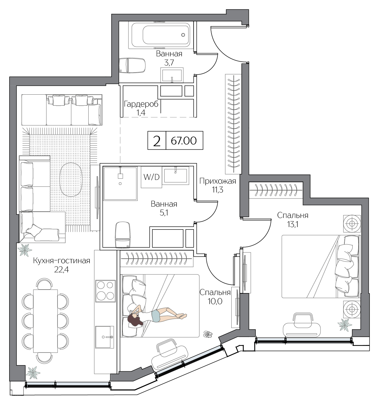 Планировка двухкомнатной квартиры 67 м² в ЖК Дрим Рива · Dream Riva, корпус Аква