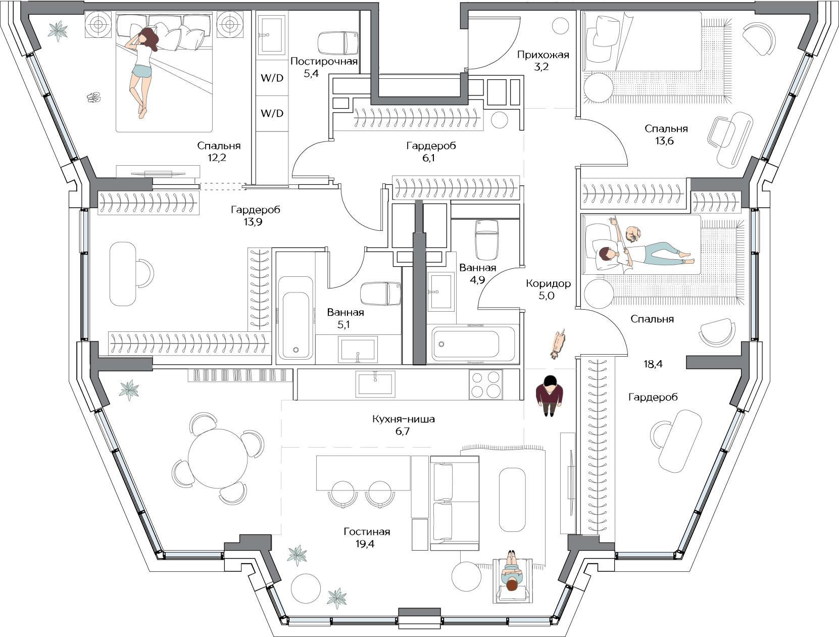 Планировка четырёхкомнатной квартиры 124 м² в ЖК Дрим Рива · Dream Riva, корпус Ария
