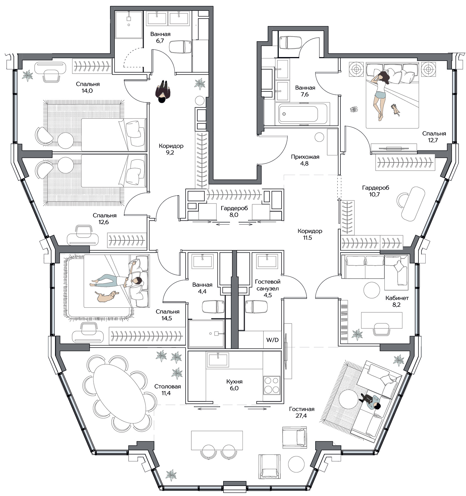 Планировка пятикомнатной квартиры 173 м² в ЖК Дрим Рива · Dream Riva, корпус Ария