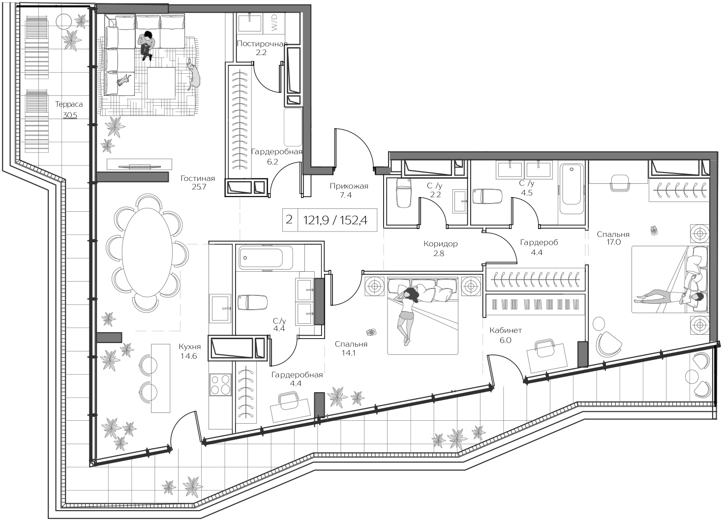 Планировка пентхауса 121,9 м² в ЖК Дрим Рива · Dream Riva с панорамой на город и реку