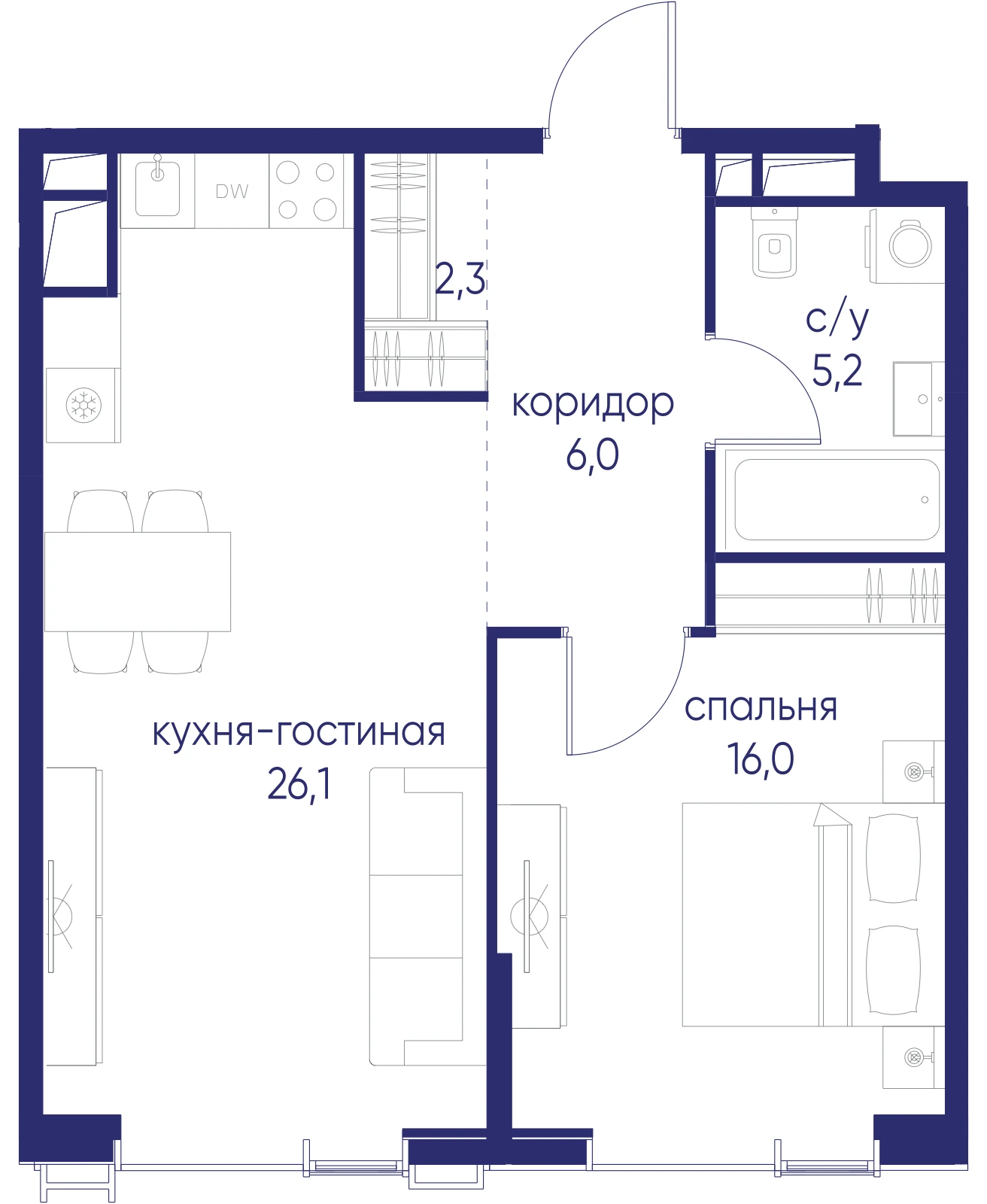 Планировка однокомнатной квартиры 55,6 м² в ЖК Начало