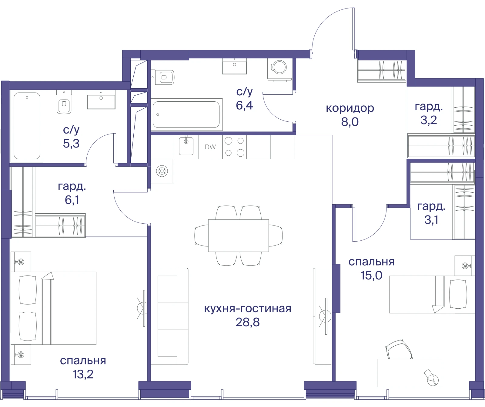 Планировка двухкомнатной квартиры 89,1 м² в ЖК Начало