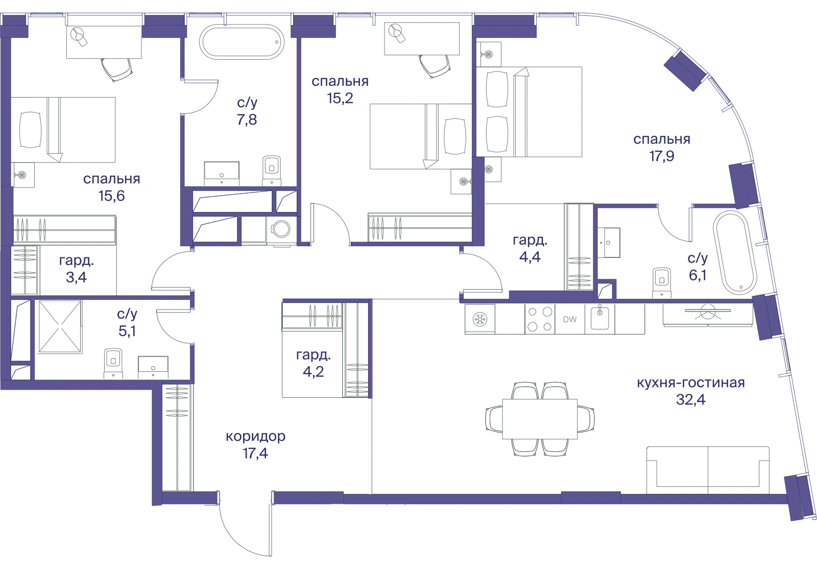 Планировка трёхкомнатной квартиры 129,5 м² в ЖК Начало