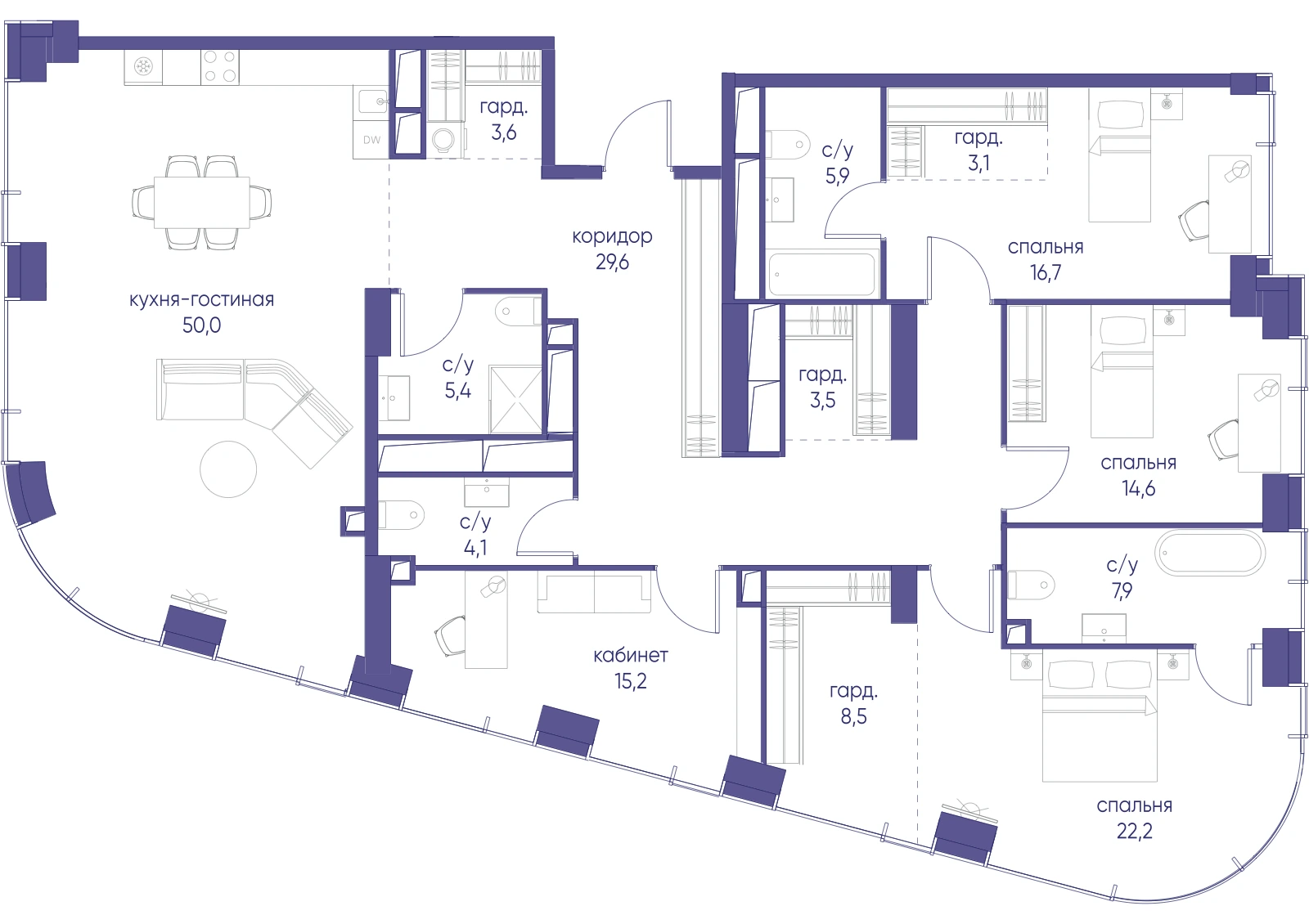 Планировка четырёхкомнатной квартиры 190,3 м² в ЖК Начало