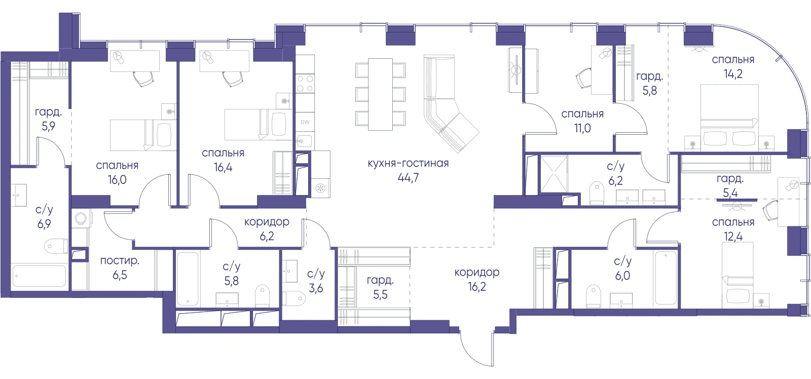 Планировка пятикомнатной квартиры 194,7 м² в ЖК Начало
