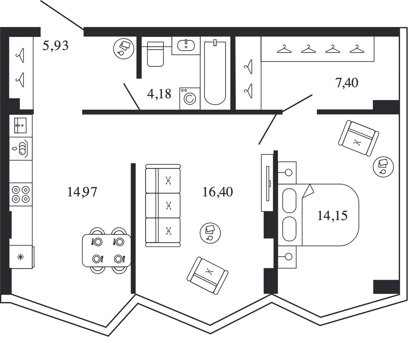 Планировка двухкомнатной квартиры 63 м² в башне Нева ЖК Новая, 11