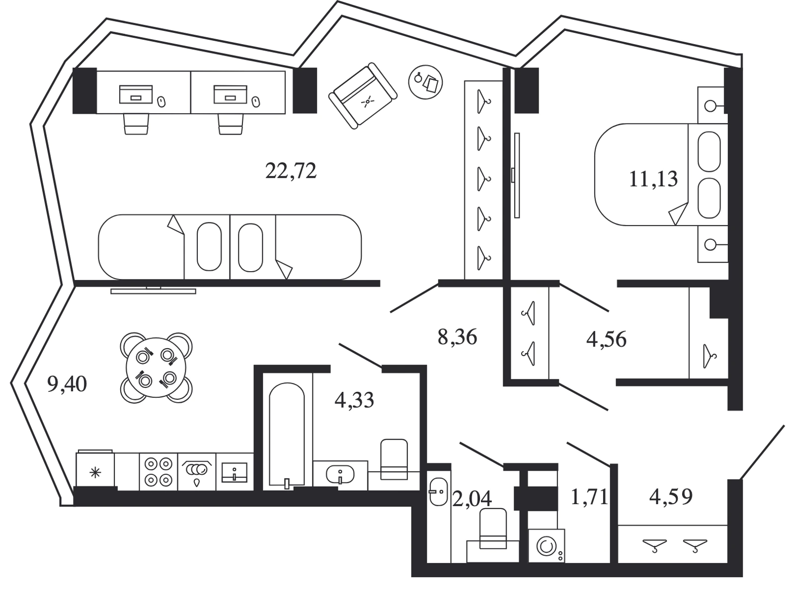 Планировка двухкомнатной квартиры 68,9 м² с эркером в ЖК Новая, 11