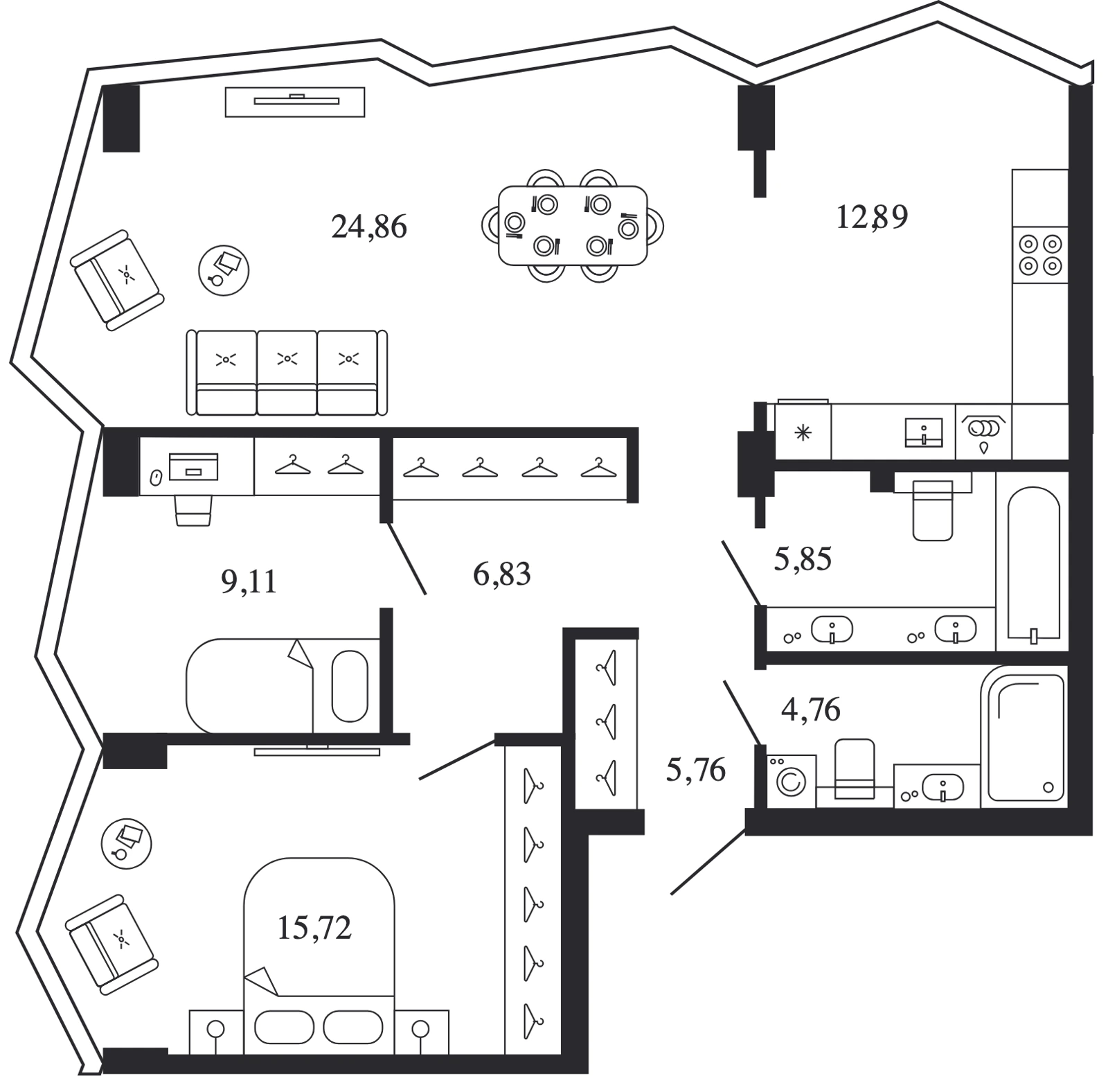 Планировка трёхкомнатной квартиры 85,8 м² в башне Нева ЖК Новая, 11