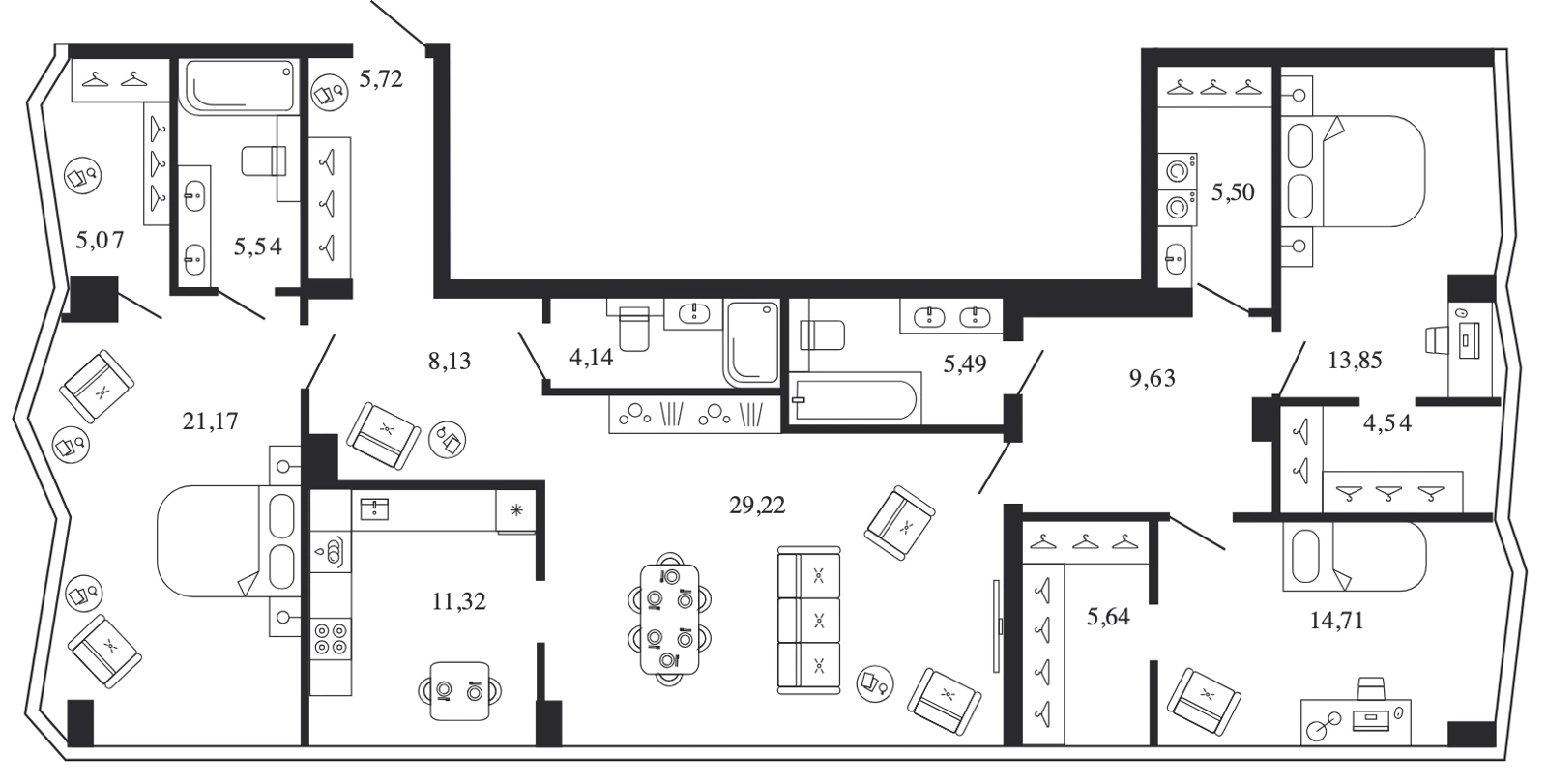 Планировка четырёхкомнатной квартиры 149,7 м² на верхнем этаже башни Яуза в ЖК Новая, 11