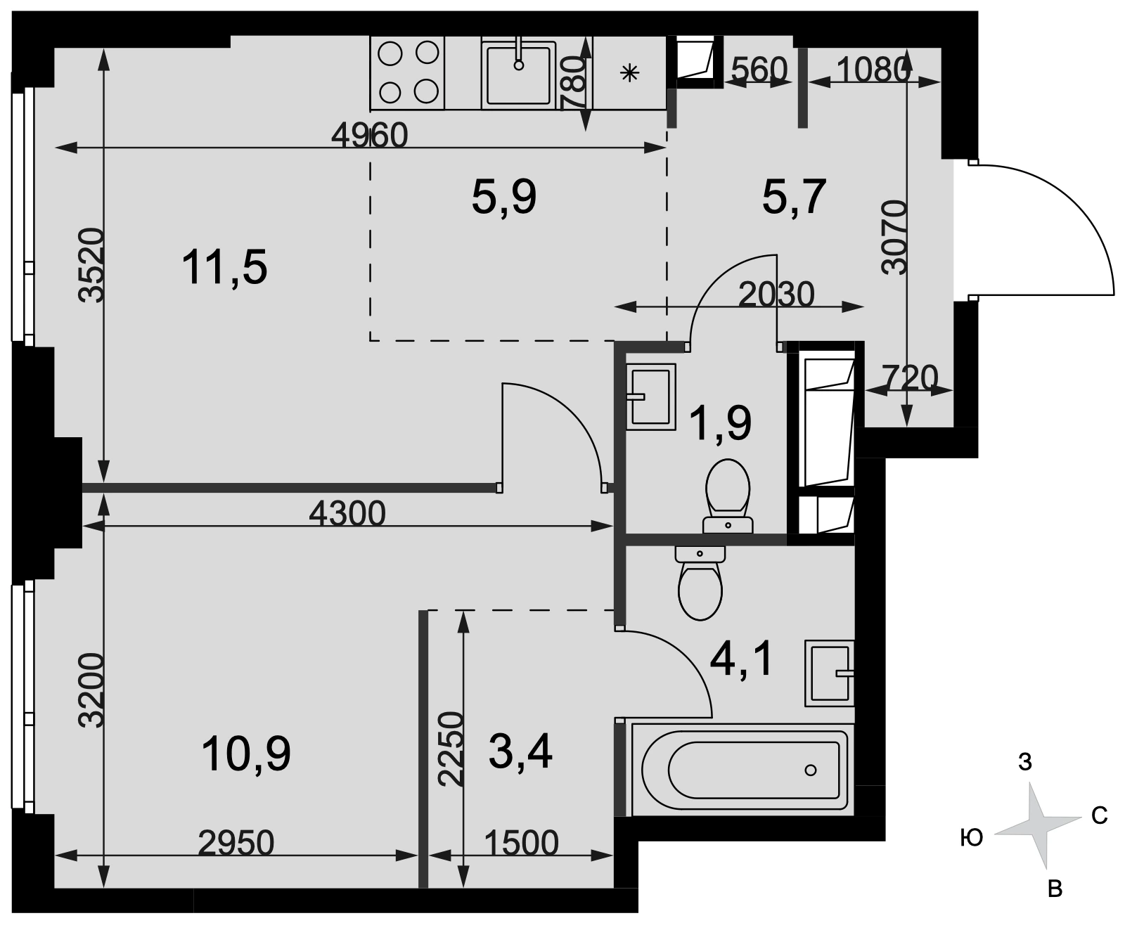 Планировка двухкомнатной квартиры 43,4 м² в ЖК Сидней Сити · Sydney City