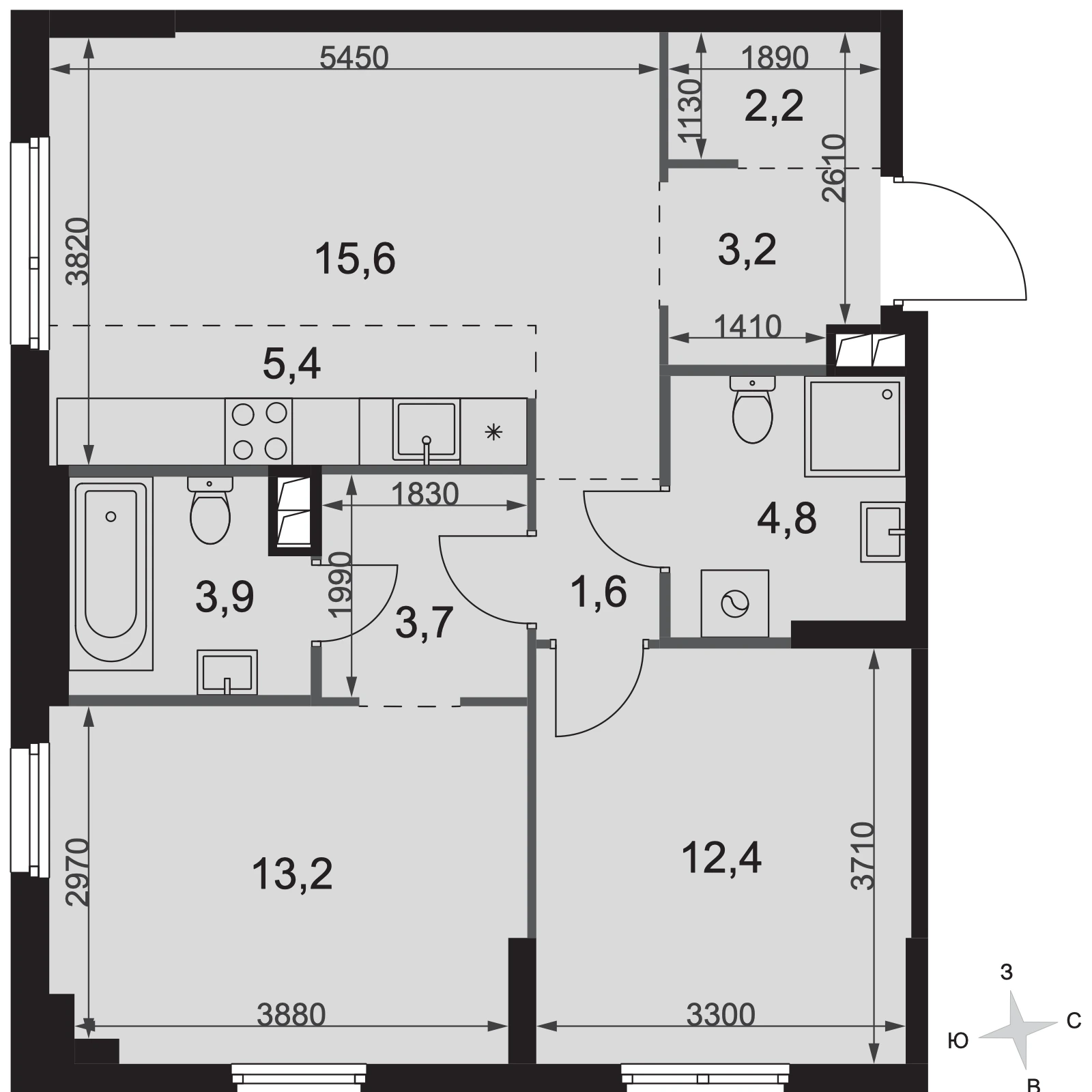 Планировка трёхкомнатной квартиры 66 м² в ЖК Сидней Сити · Sydney City