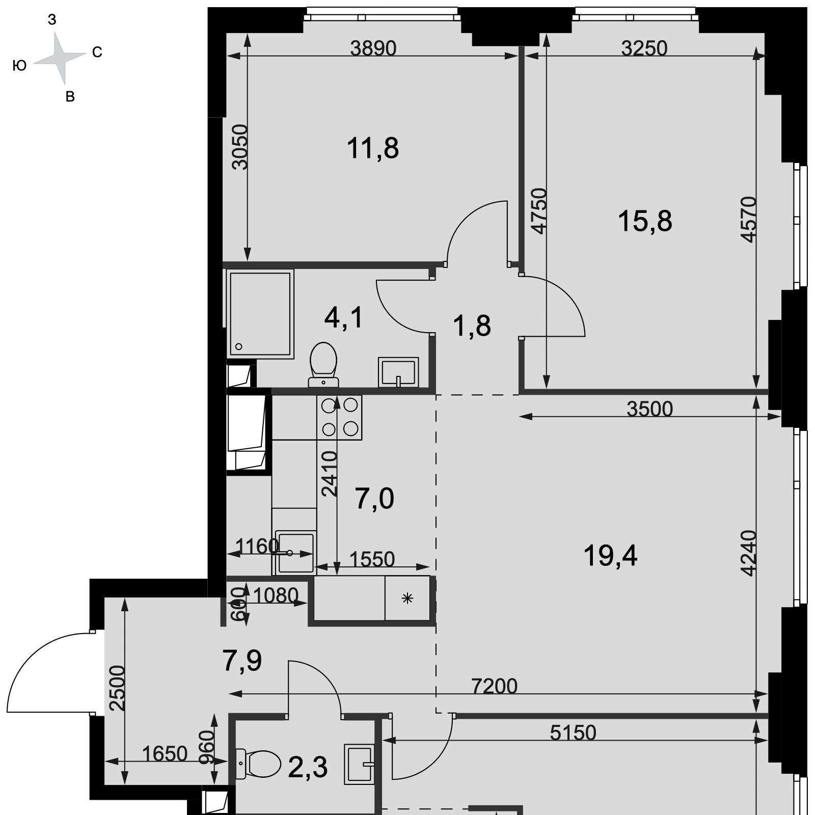 Планировка четырёхкомнатной квартиры 91,1 м² в ЖК Сидней Сити · Sydney City