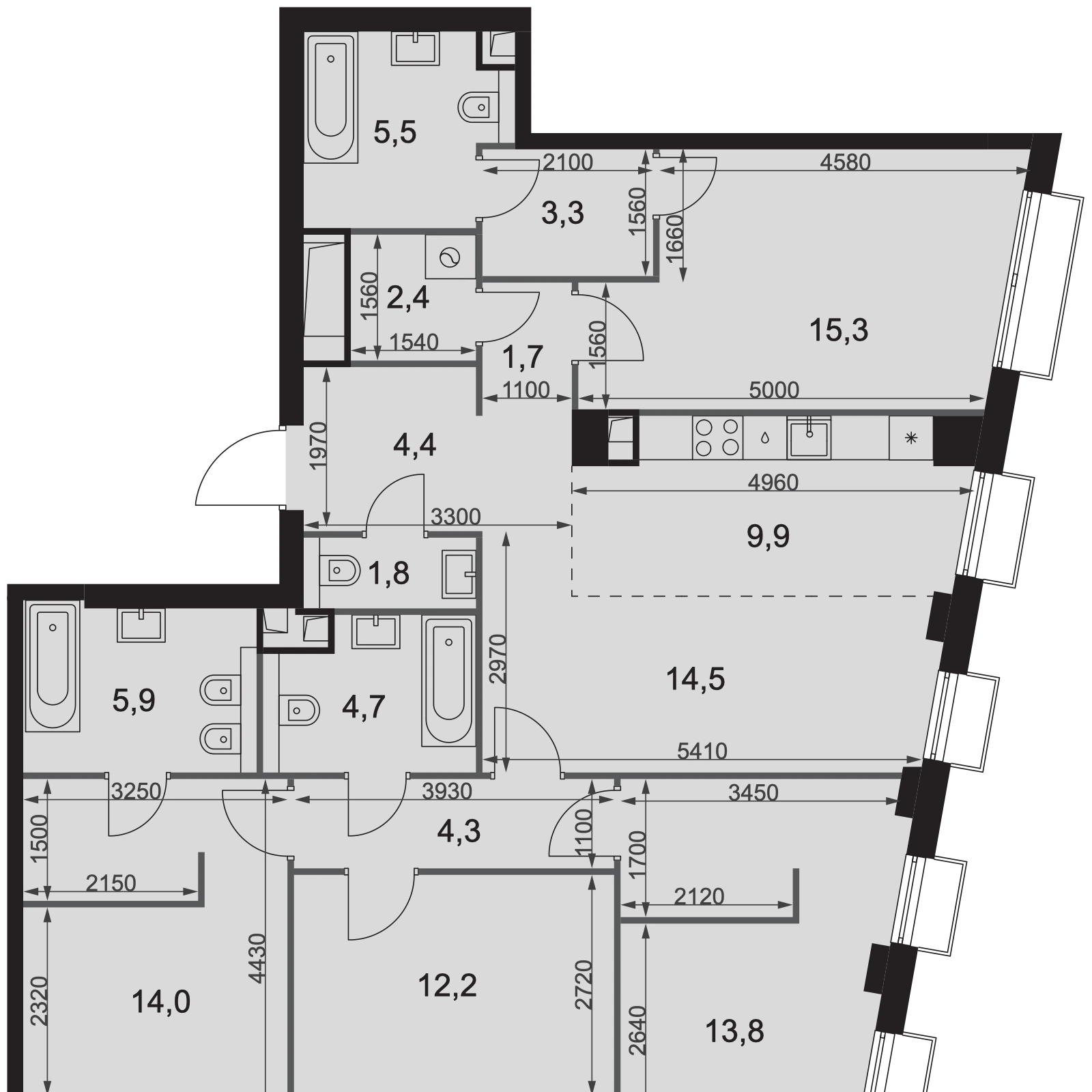 Планировка пятикомнатной квартиры 113,7 м² в ЖК Сидней Сити · Sydney City на 40 этаже